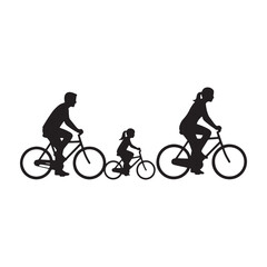 Naklejka premium black silhouette of family riding bicycles, parents and child, vector icon for illustration or website