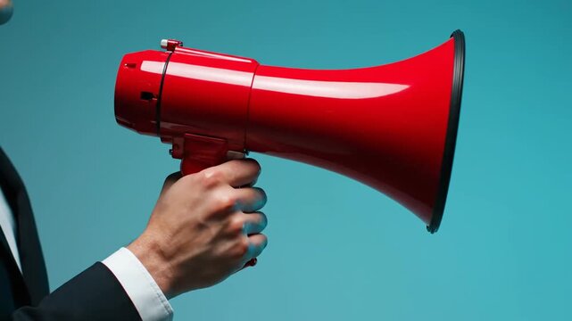 Man holding red megaphone against blue.
