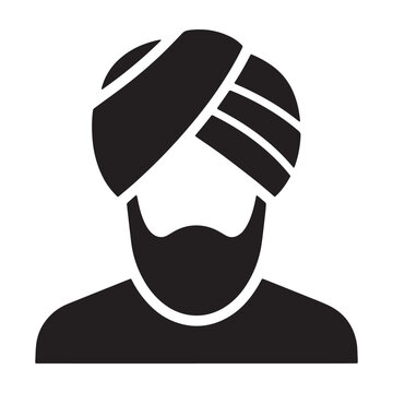 Black vector illustration of a man wearing a traditional Sikh turban and beard, avatar or icon for profile or presentation, isolated on transparent background, png