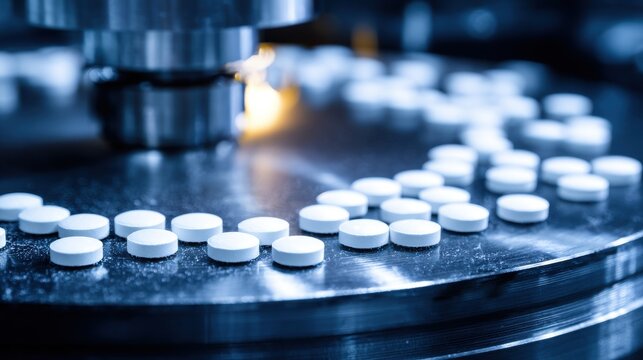 Pharmaceutical tablet production on a modern rotary press in a factory