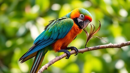 Obraz premium disarranged. A colorful parrot preening a feather on a branch, soft morning light. wildlife magazines, conservation campaigns, designed for eco-tourism storytelling.