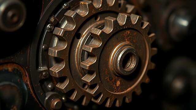 susceptibility. A rusted mechanical gear assembly with one jammed gear, metallic textures, industrial aesthetic. safety posters.