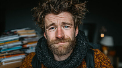 Fototapeta premium Emotional portrait of bearded man with messy hair in cozy interior under soft natural lighting. 