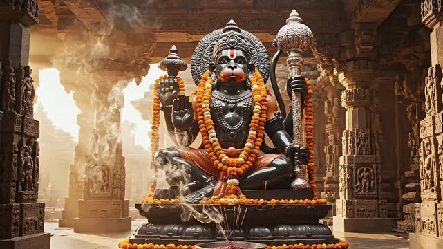 Majestic Lord Hanuman Statue Bathed in Golden Sunrise Light on Hanuman Jayanti in an Ancient Temple with Drifting Incense Smoke