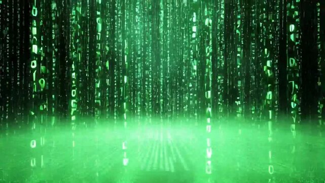 Futuristic digital rain with green binary code flowing down