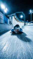 Fototapeta premium Point of view of a skeleton athlete sliding down an ice bobsleigh track at high speed, extreme winter sports competition, POV perspective with motion blur and cinematic lighting, professional winter