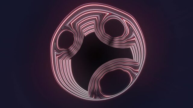 Seamless 3D animation of a rotating, abstract shape composed of red and white lines. A topographic pattern with a neon glow on a dark background. A stylish, futuristic loop for a video background