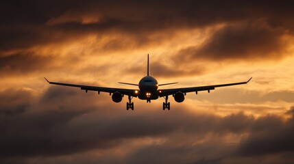 Commercial airplane landing against a dramatic sunset sky at dusk