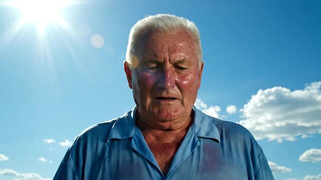 Man wiping sweat in summer heat.
