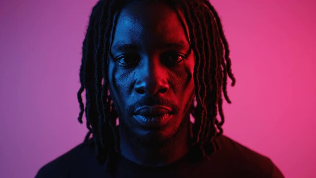 Man with dreadlocks under red and blue lights.