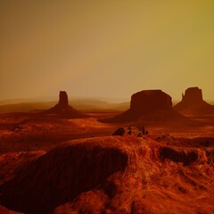 Golden hour mesas invite rugged exploration across sandstone ridges, panoramic viewpoint overlooking valley and distant buttes, dust particles glowing in warm
