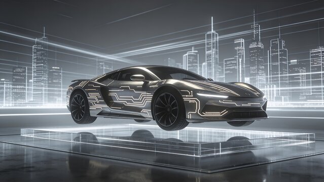 Neon Velocity: Futuristic Hover Car with Digital Cityscape Design