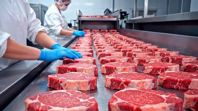Meat processing on production line.