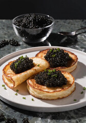 Pancakes with black caviar