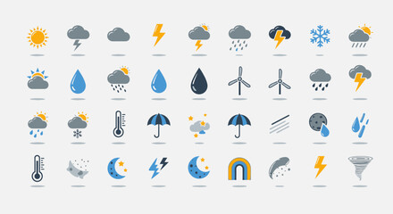 Fototapeta premium Collection of weather icons depicting various climate conditions and natural phenomena