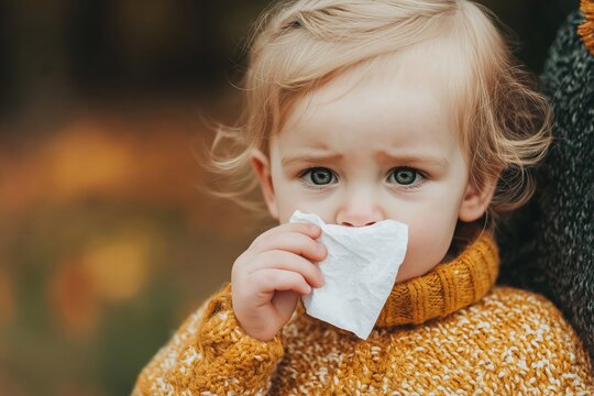 Toddler girl with blonde hair and blue eyes, wearing a warm sweater, wiping her runny nose with a tissue, experiencing symptoms of a cold, flu, or seasonal allergies