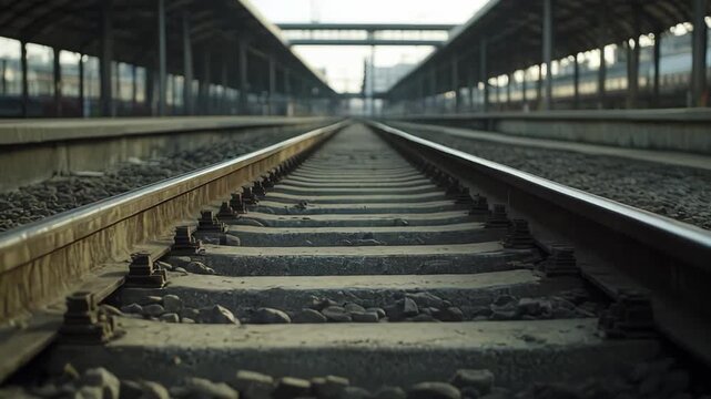 Steel railroad tracks converging in perspective, leading towards a distant horizon at an empty train station platform, symbolizing transportation, journey, and progress