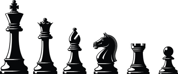 Black vector silhouette set of classic chess pieces including king queen bishop knight rook and pawn for strategy gaming competition logic and business branding © Monjurul