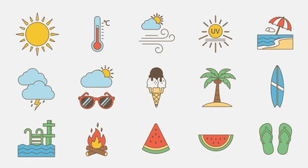 Summer vacation icons collection featuring sun, palm tree, ice cream, and surfboard elements in a flat design style