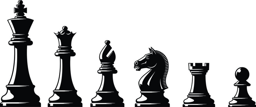 Black vector silhouette set of classic chess pieces including king queen bishop knight rook and pawn for strategy gaming competition logic and business branding