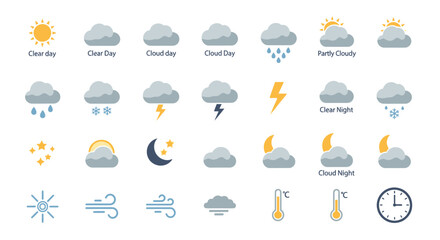 Weather Icons Set Illustrating Various Conditions and Forecast Symbols