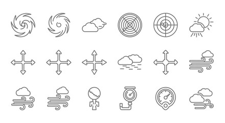 A collection of abstract and concrete icons representing various weather phenomena, natural disasters, and scientific concepts in a minimalist grayscale style via ImageFX