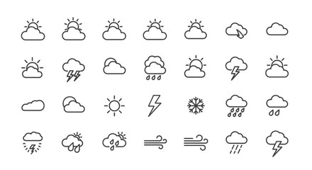 Fototapeta premium Collection of simple weather icons depicting various conditions including clouds, sun, rain, and lightning in a minimalist style