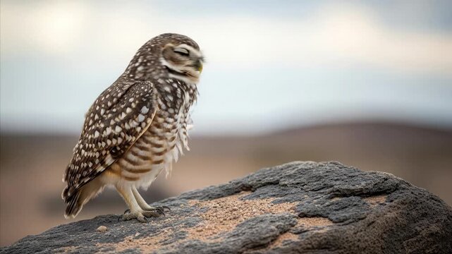 Burrowing Owl perched on rock in arid landscape, looking curious