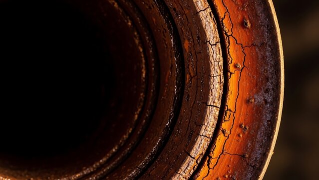 Close up of heavy rust and cracked corrosion layers inside an old industrial metal pipe