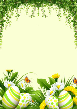 Fresh spring-themed Easter background with green leaves hanging from the top and decorated eggs with flowers at the bottom. The soft light background creates a natural and bright atmosphere with plent