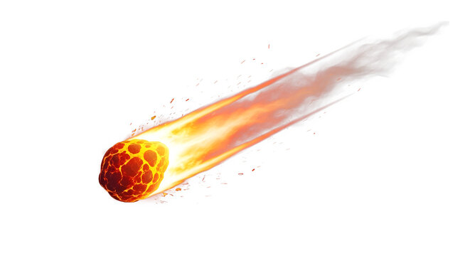 A single fiery meteor or asteroid falling down, isolated on white or transparent background. PNG