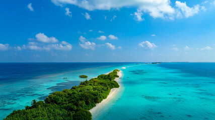 The aerial view in the island with white sand beach as coastline in summer Maldives