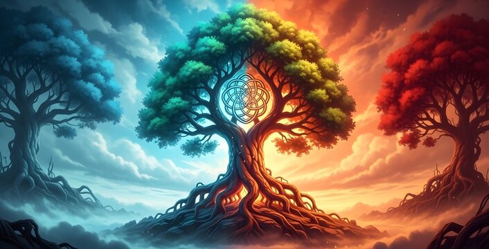 Abstract Three Trees Representation with Blue Red and Green Colors