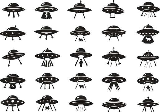 UFO Icon Set &ndash; Flying Saucer Abduction Silhouettes Collection