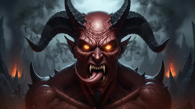 Fierce Demon with Glowing Eyes and Horns, Surrounded by Smoke and Fire