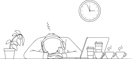 Exhausted Man Sleeping at Desk with Headphones and Coffee