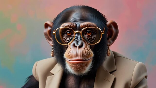 A hyper-realistic chimpanzee wearing oversized sunglasses and a tan suit jacket against a vibrant background
