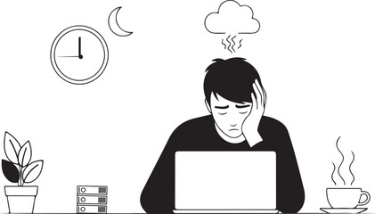 Stressed man working late at a desk with a laptop tired