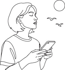 Woman Holding Phone with Birds and Sun in the Sky vector