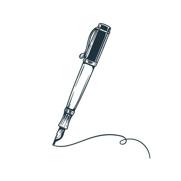 Vintage fountain pen sketch with cap. Hand drawn sketch style design retro drawing. Vector illustration isolated on white background.