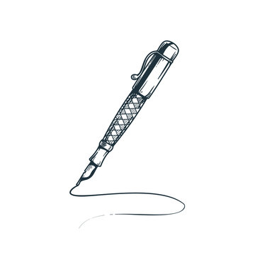 Vintage fountain pen sketch with cap. Hand drawn sketch style design retro drawing. Vector illustration isolated on white background.