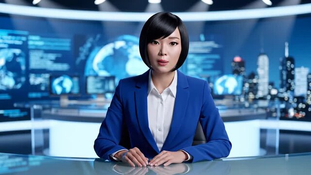 Female News Anchor in Television Studio.