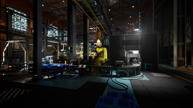 dim industrial warehouse with monitoring consoles, touchscreen dashboards glow, robotic cells in shadow, maintenance lighting, sensor panels and networked