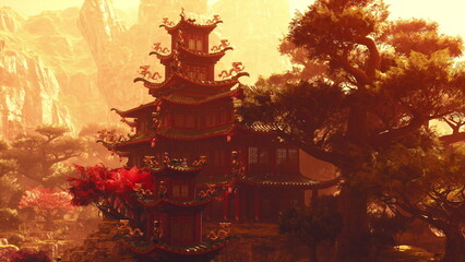 Obraz premium silhouetted mountain pagoda against warm canyon, tiers cut into golden light, rugged cliffs and sparse pines framing dramatic skyline, deep shadows adding moody