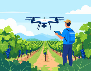 Naklejka premium A farmer uses a drone to monitor a vineyard, showcasing modern agricultural technology and precision farming.
