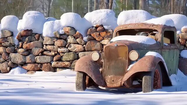 Vintage vehicle frozen landscape showcasing a nostalgic rusted antique car parked in a winter wonderland next to a stone wall
