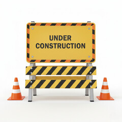 Ultra realistic 3D render of a construction barricade sign with bold UNDER CONSTRUCTION text centered on a yellow rectangular panel