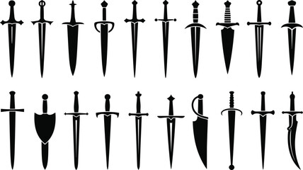 Vector, black, silhouette, set, of, various, historical, and, fantasy, daggers, and, short, swords, for, medieval, war, martial, arts, gaming, and, ancient, weapon, design, elements, isolated © MstShefaly
