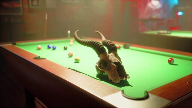 Horned skull on pool table. Neonlit dive bar backdrop, dusty green felt with scattered billiard balls and chalk, cue leaning against rail, vintage neon signs
