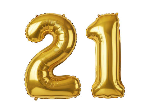 A gold balloon in the shape of the number 21